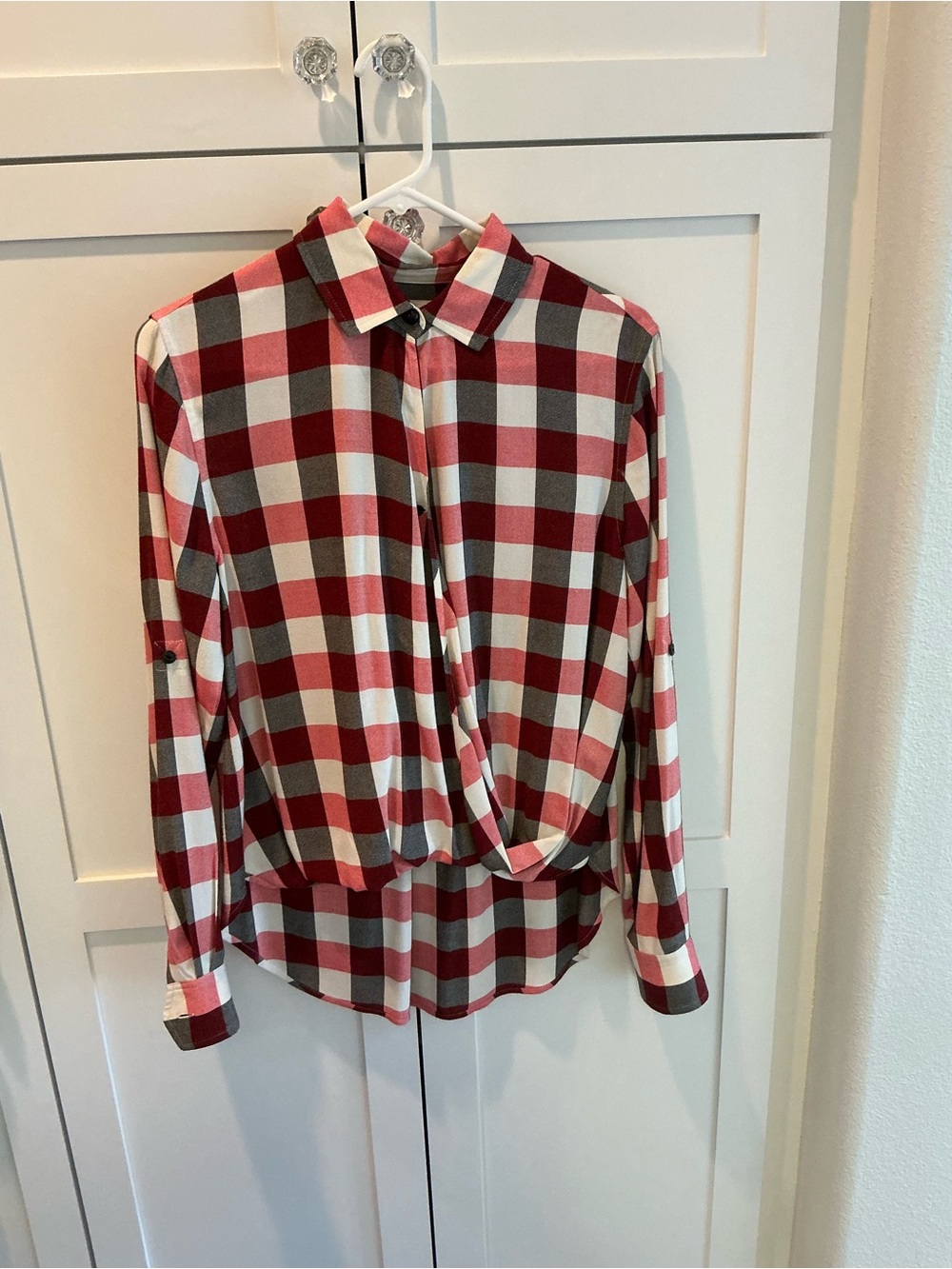 rag & bone Red, White & Gray Plaid Draped Front Blouse